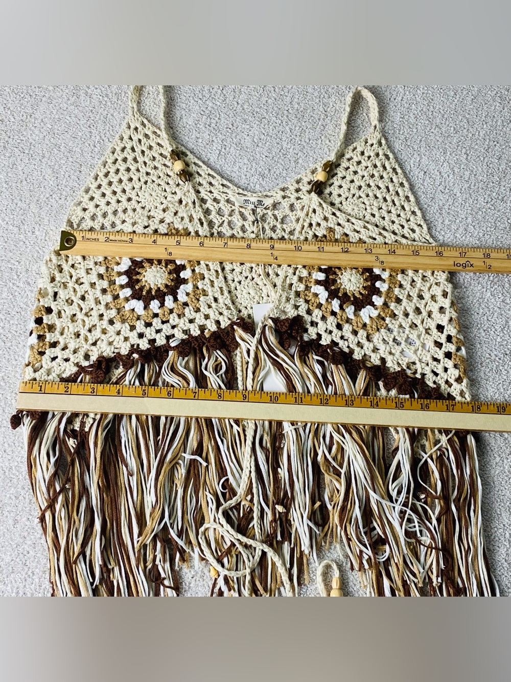 Miss Me Crochet Fringe Tank Top L Boho Festival Cream Brown Tassel Top NWT - Picture 9 of 15